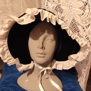 Victorian Woman's Velvet Black Bonnet With White Trim